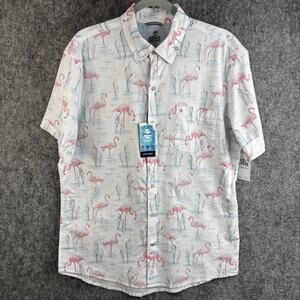 IZOD Saltwater Flamingo Print Button Down Shirt Men's Large Bright White NWT